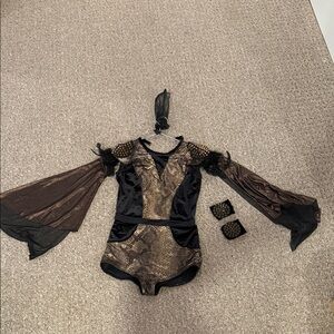 Tenth House 
Black and Gold Dance Costume with Mesh Sleeves
Wrist accessories